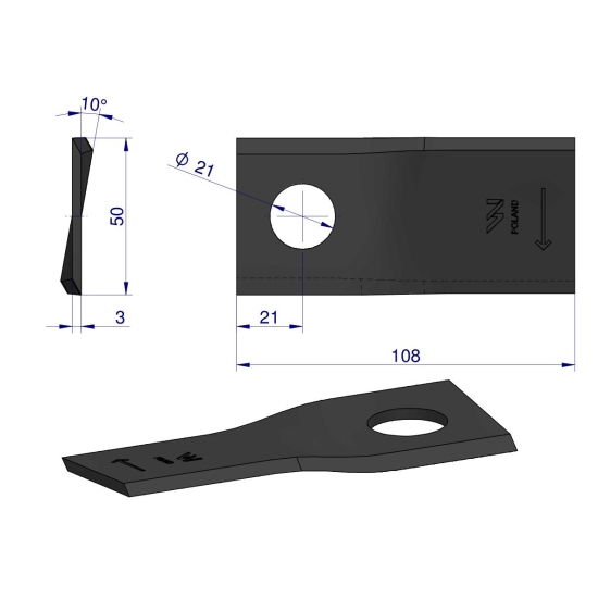 Nóż. nożyk kosiarka prawy 108X50X3mm otwór 21 zastosowanie RF 108/3 Famarol WARYŃSKI ( sprzedawane po 25 )