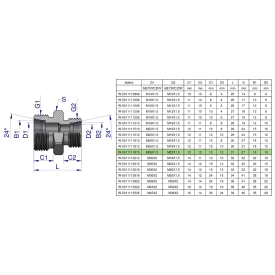 Złączka hydrauliczna redukcyjna metryczna BB M26x1.5 18L / M22x1.5 15L (XG) Waryński ( sprzedawane po 2 )