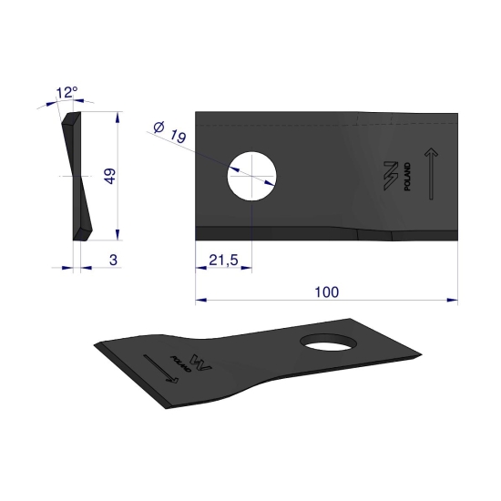 Nóż. nożyk kosiarka lewy 100x48x3mm otwór 19 zastosowanie 9041787 9527290 Claas WARYŃSKI ( sprzedawane po 25 )