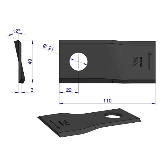 Nóż. nożyk kosiarka lewy 110x48x3mm otwór 21 zastosowanie 1058780 Claas WARYŃSKI ( sprzedawane po 25 )