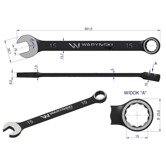 Klucz płasko-oczkowy 15 mm. CrV  standard ASME B107-2010 Waryński