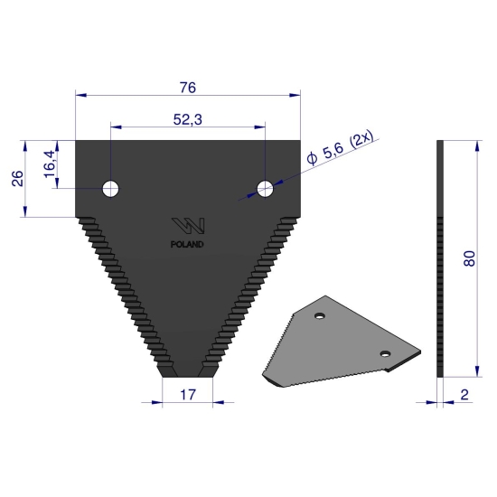 Nóż żniwny 80x76x2mm otwór 5.5 zastosowanie 417800220 1650333 Deutz-Fahr WARYŃSKI ( sprzedawane po 25 )