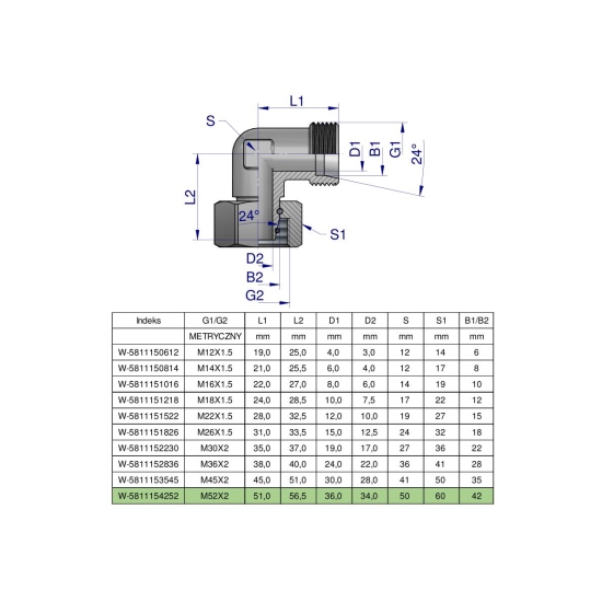 Kolanko hydrauliczne metryczne AB M52x2 42L (XEVW) Waryński