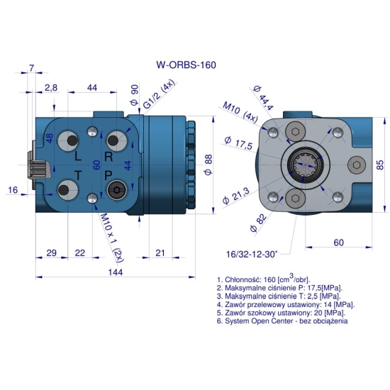 Orbitrol hydrauliczny W-ORBS 160 cm3/obr z zaworami (System Open Center - bez obciążenia) Waryński