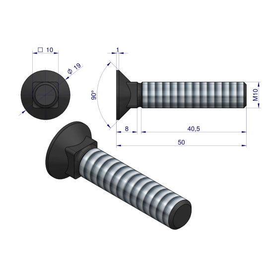 Śruba kpl. płużna podsadzana D 608 M10x50 mm kl.10.9 Waryński ( sprzedawane po 25 )