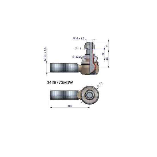 Przegub kierowniczy 106mm- M24x1,5 3426773M3, 3223997R1 WARYŃSKI