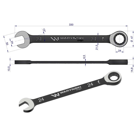 Klucz płasko-oczkowy 24 mm z grzechotką 72 zęby standard ASME B107-2010 Waryński