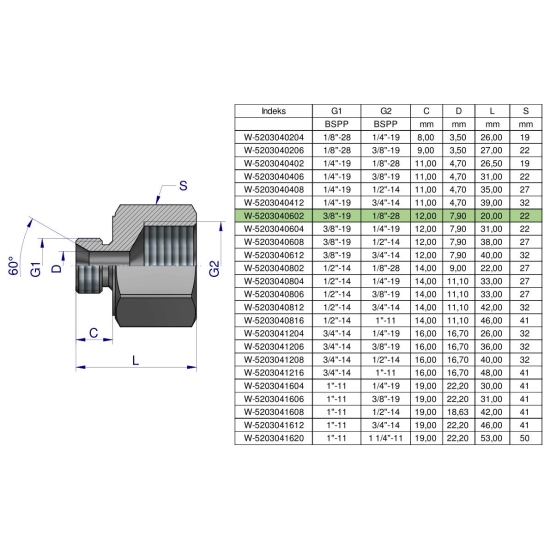 Tulejka różnicowa hydrauliczna calowa AB 3/8"GZ x 1/8"GW BSP Waryński ( sprzedawane po 2 )