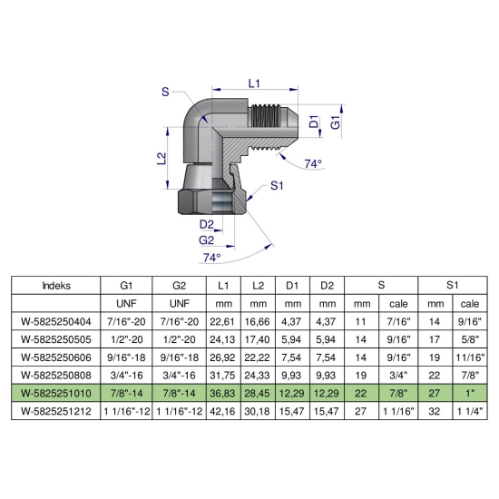 Kolanko hydrauliczne calowe AB 7/8" UNF (JIC) Waryński