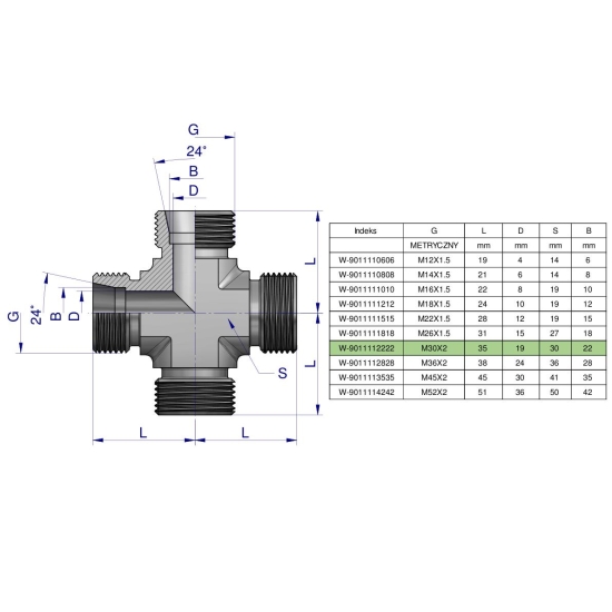 Czwórnik hydrauliczny metryczny BBBB M30x2 22L Waryński