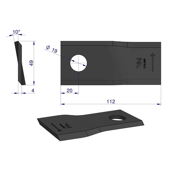 Nóż. nożyk kosiarka lewy 112x48x4mm otwór 19 zastosowanie 123706 134309 Fella WARYŃSKI ( sprzedawane po 25 )