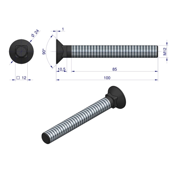 Śruba kpl. płużna podsadzana D 608 M12x100 mm kl.10.9 Waryński ( sprzedawane po 10 )