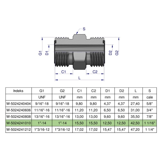 Złączka hydrauliczna calowa BB 1" ORFS (UNF) Waryński