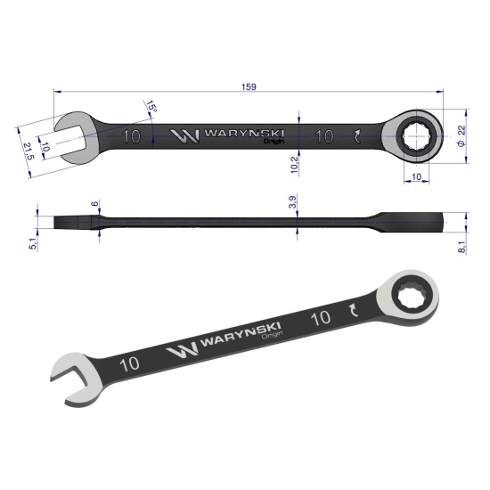 Klucz płasko-oczkowy 10 mm z grzechotką 72 zęby standard ASME B107-2010 Waryński