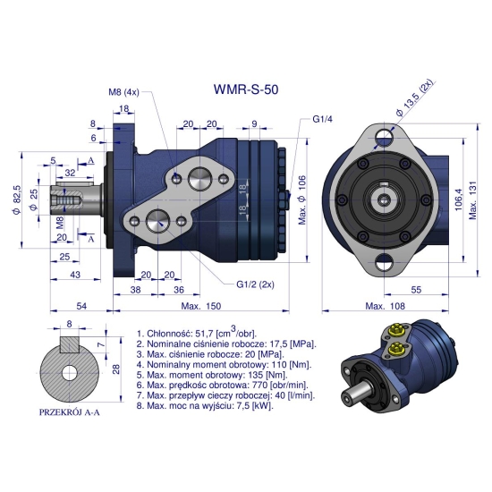 Silnik hydrauliczny orbitalny wzmacniany WMR-S 50 cm3/obr (175 bar / max.220 bar) Waryński