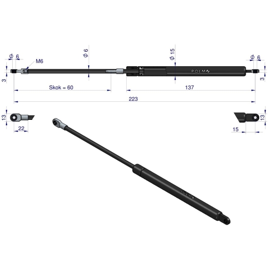 Siłownik szyberdachu L max. 225mm CA327964P FENDT POLMO