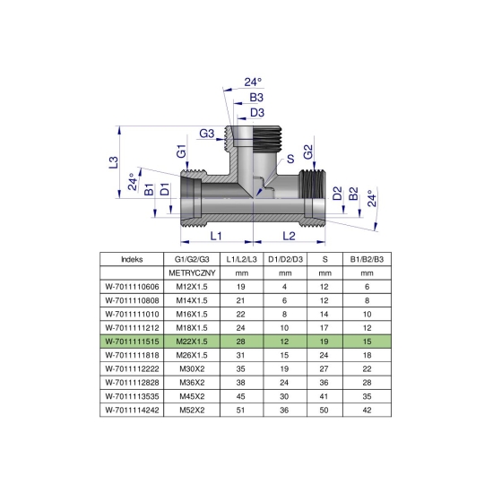 Trójnik hydrauliczny metryczny BBB M22x1.5 15L (XT) Waryński ( sprzedawane po 5 )