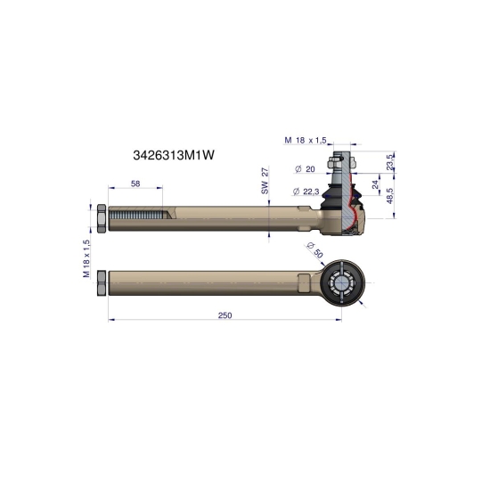 Przegub kierowniczy 250mm- M18x1,5 3426313M1 WARYŃSKI