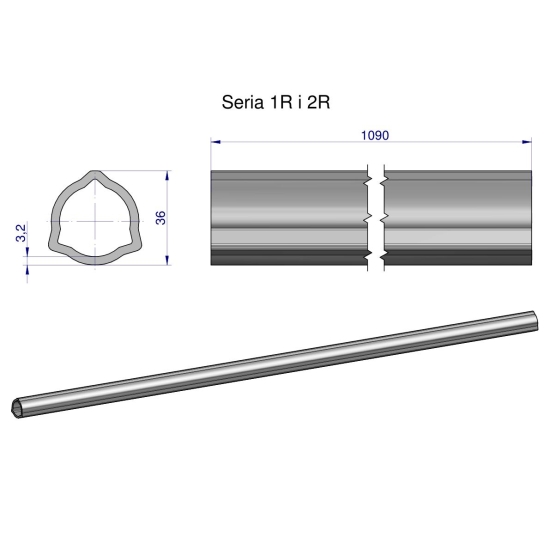 Rura wewnętrzna Seria 2R, rura zewnętrzna Seria 1R do wału 1210 przegubowo-teleskopowego 36x3.2 mm 1090 mm WARYŃSKI