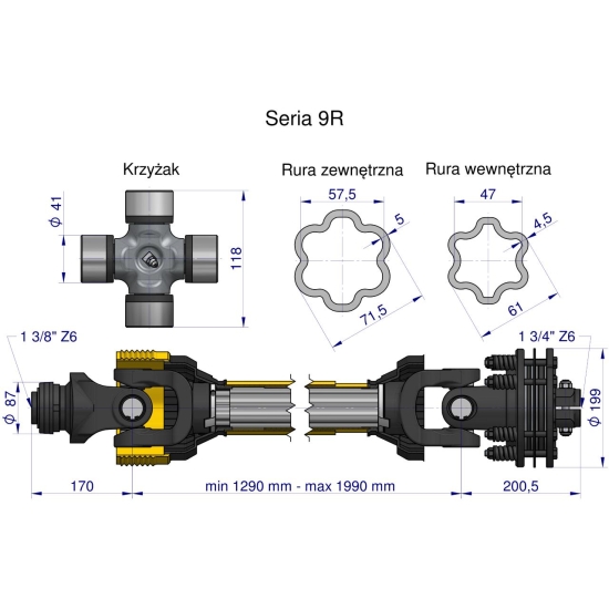 Wał przegubowo-teleskopowy 1290-1990mm 1950Nm sprzęgło cierne 2500Nm Z6 - 1 3/4 CE 2020 seria 9X Waryński