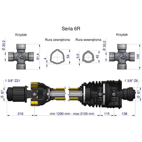 Wał przegubowo-teleskopowy 1290-2100mm 830Nm sprzęgło zapadkowe 1200 Nm Z21 dr. st. szerokokątny CE 2020 seria 6R Waryński