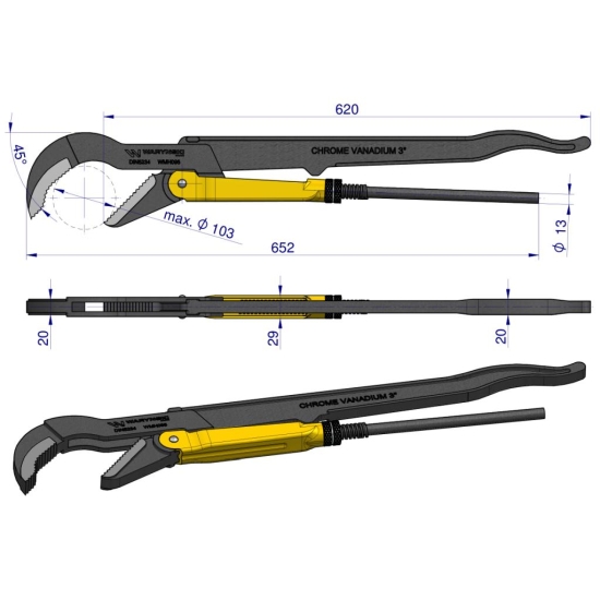 Szczypce nastawne szwedzkie do rur szczęki typ 45° o rozstawie max 103mm długość 652mm Waryński