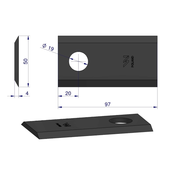 Nóż. nożyk kosiarka 97X50X4mm otwór 19 zastosowanie 1380-0025 JF-Stoll WARYŃSKI ( sprzedawane po 25 )