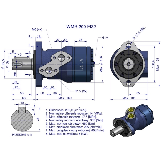 Silnik hydrauliczny orbitalny WMR 200 cm3/obr z wałkiem fi 32mm (140 bar / max.200 bar) Waryński