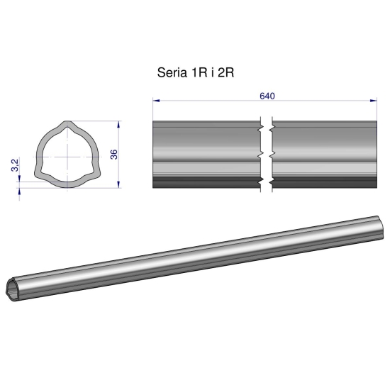 Rura wewnętrzna Seria 2R, rura zewnętrzna Seria 1R do wału 760 przegubowo-teleskopowego 36x3.2 mm 640 mm WARYŃSKI