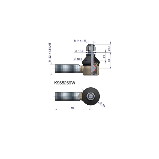 Przegub kierowniczy 95mm- M22x1,5 L K965269 WARYŃSKI