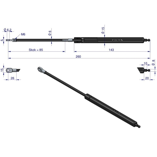 Siłownik szyberdachu L max. 260mm 65417044 FIAT POLMO