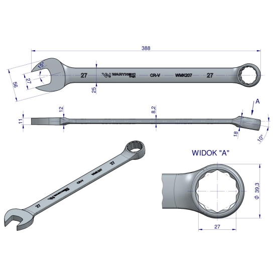 Klucz płaskooczkowy extra długi 27mm dł 388mm standard ASME B107.9M  Waryński