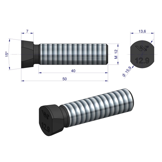 Śruba kpl. płużna oval z dwóch stron ścięta M12x50 mm kl.12.9 zastosowanie Kverneland Waryński M12X50OV2KV ( sprzedawane po 25 )