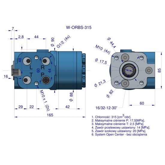 Orbitrol hydrauliczny W-ORBS 315 cm3/obr z zaworami (System Open Center - bez obciążenia) Waryński