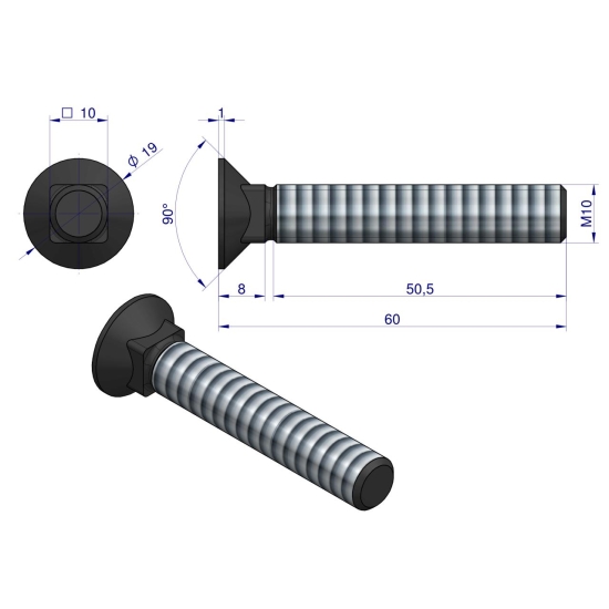 Śruba kpl. płużna podsadzana D 608 M10x60 mm kl.10.9 Waryński ( sprzedawane po 25 )