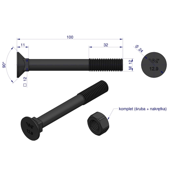 Śruba kpl. płużna podsadzana D 608 M12x100 mm kl.12.9 Waryński ( sprzedawane po 10 )