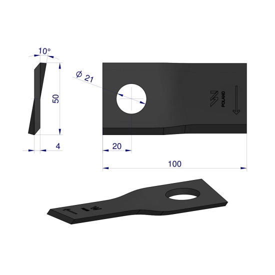 Nóż. nożyk kosiarka prawy 100X50X4mm otwór 21 zastosowanie RS100 Samasz WARYŃSKI ( sprzedawane po 25 )