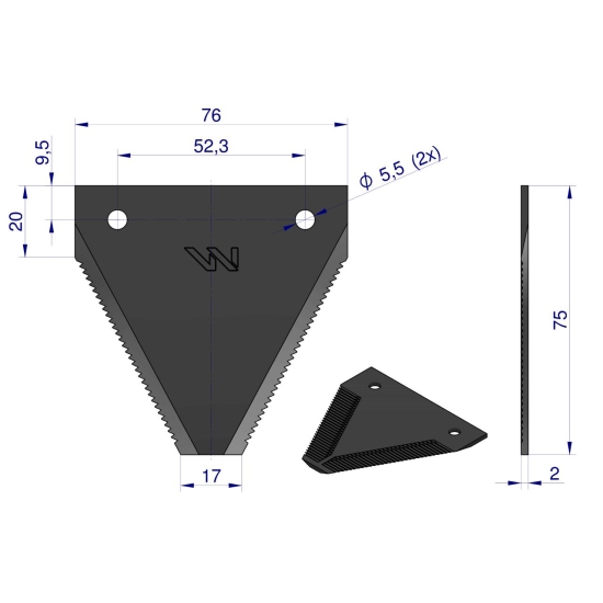 Nóż żniwny 75x76x2mm otwór 5.5 zastosowanie MF1389SP Case MF WARYŃSKI ( sprzedawane po 25 )