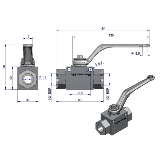 Zawór kulowy hydrauliczny 2-drogowy 2/2 - 1/2