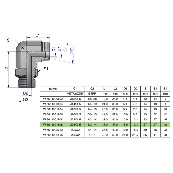 Kolanko hydrauliczne nastawne BB M26x1.5 18L x 1/2"BSP z regulacją Waryński