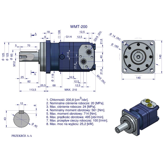 Silnik hydrauliczny orbitalny WMT 200 cm3/obr (200 bar / max.280 bar) Waryński