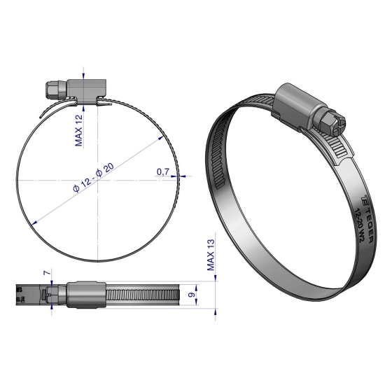 Opaska zaciskowa 12-20 ślimakowa (obejma W2 - stal nierdzewna) szerkość 9mm (blister) TEGER ( sprzedawane po 15 )