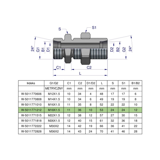 Złączka hydrauliczna metryczna grodziowa BB M18x1.5 12L z przeciwnakrętką (XSV) Waryński ( sprzedawane po 2 )