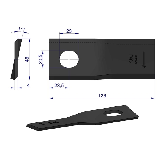 Nóż. nożyk kosiarka prawy 126x48x4mm otwór 20.5x23 zastosowanie 56110400 Kverneland Taarup WARYŃSKI ( sprzedawane po 25 )