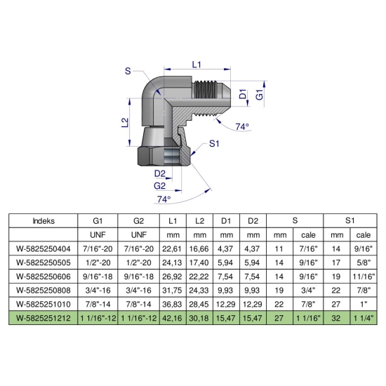 Kolanko hydrauliczne calowe AB 1 1/16" UNF (JIC) Waryński