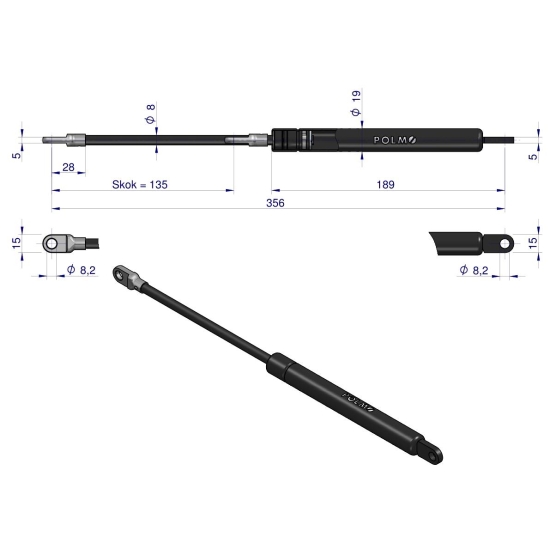 Siłownik szyby przedniej L max. 356mm CA287636P MASSEY FERGUSON MAUSER POLMO