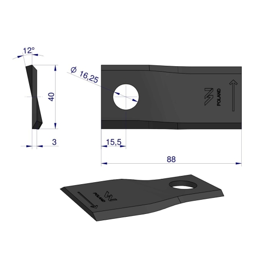Nóż. nożyk kosiarka lewy 88x40x3mm otwór 16.25 zastosowanie 56151000 Kuhn WARYŃSKI ( sprzedawane po 25 )