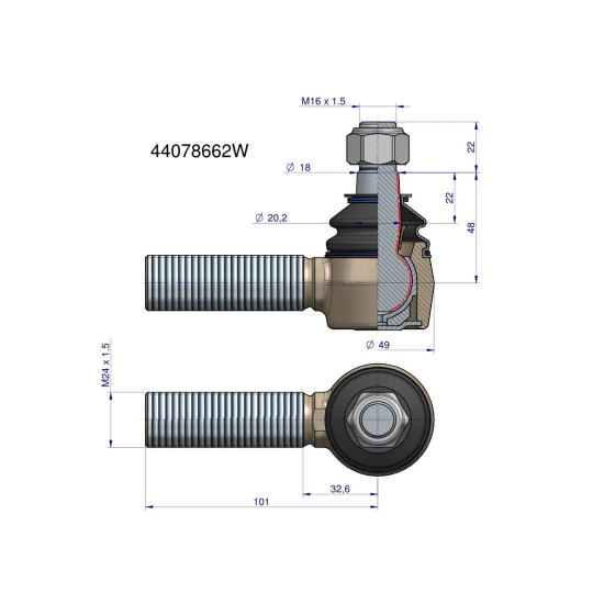 Przegub kierowniczy prawy M24x1.5 44078662 WARYŃSKI