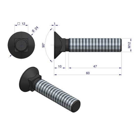 Śruba kpl. płużna podsadzana D 608 M12x60 mm kl.10.9 Waryński ( sprzedawane po 25 )