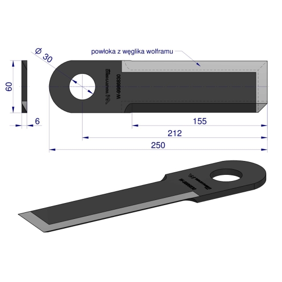 Nóż przystawki do kukurydzy napawany 250x60x6 otwór 30mm zastosowanie Claas Conspeed 9942330 WARYŃSKI